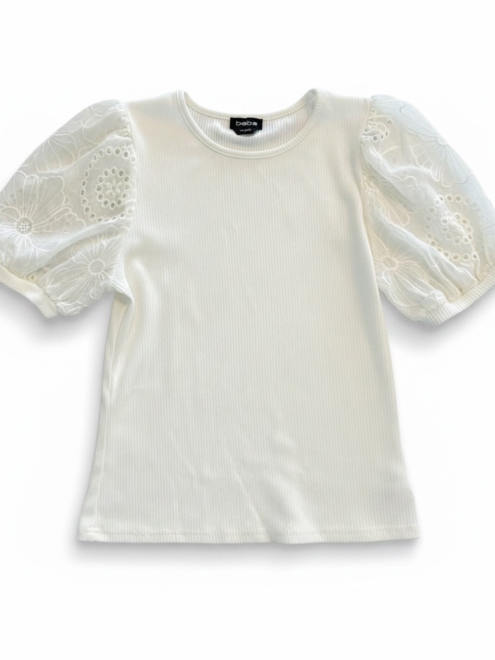 bebe Cream Ribbed Tee with Embroidered Puff Sleeves